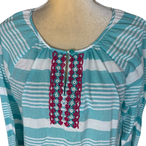 Talbots Blue White Stripe Beaded Keyhole 3/4 Sleeve Tunic Blouse Large - Picture 2 of 9
